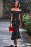 Black and White Satin Mermaid Off the Shoulder Boho Maxi Polka Dot Dress