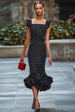 Boho Black and White Chiffon Mermaid Maxi Polka Dot Dress with Ruffles