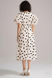 Black and Ivory Chiffon V-Neck A Line Maxi Boho Polka Dot Dress with Ruffles