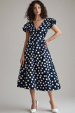 Navy and White Satin V-Neck A Line Maxi Polka Dot Dress with Puff Sleeves