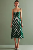 Green and White Chiffon Spaghetti Straps A Line Boho Maxi Polka Dot Dress