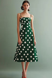 Green and White Chiffon Spaghetti Straps Boho A Line Midi Polka Dot Dress