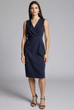 Navy Bodycon Ruched Midi V-Neck Work Dress