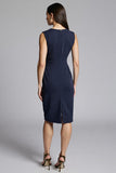 Navy Bodycon Ruched Midi V-Neck Work Dress