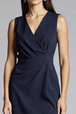 Navy Bodycon Ruched Midi V-Neck Work Dress