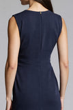 Navy Bodycon Ruched Midi V-Neck Work Dress