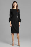 Long Sleeve Bodycon Navy Round Neck Midi Work Dress