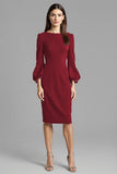 Long Sleeve Bodycon Navy Round Neck Midi Work Dress