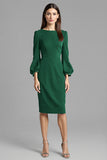 Long Sleeve Bodycon Navy Round Neck Midi Work Dress