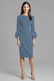 Long Sleeve Bodycon Navy Round Neck Midi Work Dress