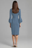 Long Sleeve Bodycon Navy Round Neck Midi Work Dress