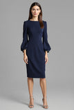 Long Sleeve Bodycon Navy Round Neck Midi Work Dress
