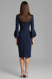 Long Sleeve Bodycon Navy Round Neck Midi Work Dress