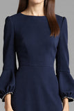 Long Sleeve Bodycon Navy Round Neck Midi Work Dress