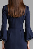Long Sleeve Bodycon Navy Round Neck Midi Work Dress