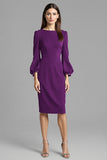 Long Sleeve Bodycon Navy Round Neck Midi Work Dress