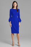 Long Sleeve Bodycon Navy Round Neck Midi Work Dress