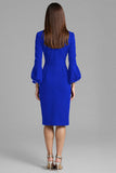Long Sleeve Bodycon Navy Round Neck Midi Work Dress