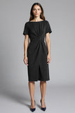 Short Sleeves Navy Bodycon Ruched Midi Work Dress