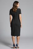 Short Sleeves Navy Bodycon Ruched Midi Work Dress