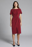 Short Sleeves Navy Bodycon Ruched Midi Work Dress