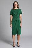 Short Sleeves Navy Bodycon Ruched Midi Work Dress