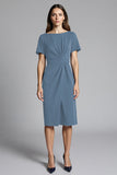 Short Sleeves Navy Bodycon Ruched Midi Work Dress