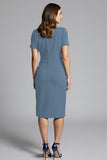 Short Sleeves Navy Bodycon Ruched Midi Work Dress