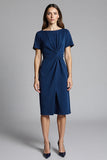 Short Sleeves Navy Bodycon Ruched Midi Work Dress