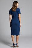 Short Sleeves Navy Bodycon Ruched Midi Work Dress