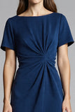 Short Sleeves Navy Bodycon Ruched Midi Work Dress