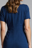 Short Sleeves Navy Bodycon Ruched Midi Work Dress