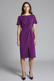 Short Sleeves Navy Bodycon Ruched Midi Work Dress