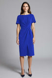 Short Sleeves Navy Bodycon Ruched Midi Work Dress