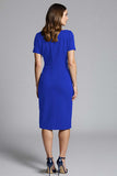 Short Sleeves Navy Bodycon Ruched Midi Work Dress
