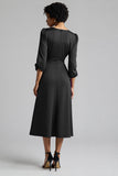 A Line Plum Ruffled 3/4 Sleeves Midi Work Dress