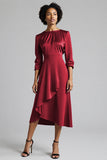 A Line Plum Ruffled 3/4 Sleeves Midi Work Dress