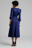A Line Plum Ruffled 3/4 Sleeves Midi Work Dress