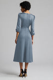 A Line Plum Ruffled 3/4 Sleeves Midi Work Dress