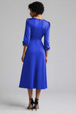 A Line Plum Ruffled 3/4 Sleeves Midi Work Dress