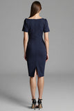 Navy Ruched Short Sleeve Bodycon Midi Work Dress