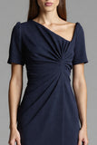 Navy Ruched Short Sleeve Bodycon Midi Work Dress