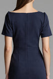 Navy Ruched Short Sleeve Bodycon Midi Work Dress