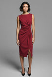Grey Ruched Bodycon Midi Work Dress With Slit