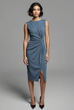 Grey Ruched Bodycon Midi Work Dress With Slit