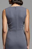 Grey Ruched Bodycon Midi Work Dress With Slit