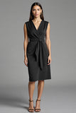 Bodycon Navy V Neck Midi Work Dress With Sash