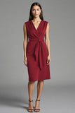Bodycon Navy V Neck Midi Work Dress With Sash