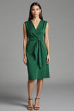 Bodycon Navy V Neck Midi Work Dress With Sash