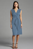 Bodycon Navy V Neck Midi Work Dress With Sash